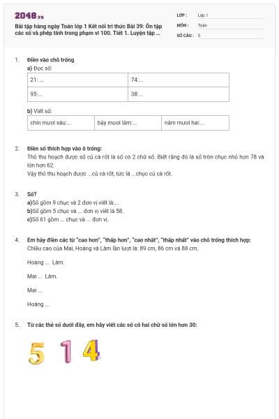 Bài tập hàng ngày Toán lớp 1 Kết nối tri thức Bài 39: Ôn tập các số và phép tính trong phạm vi 100. Tiết 1. Luyện tập có đáp án