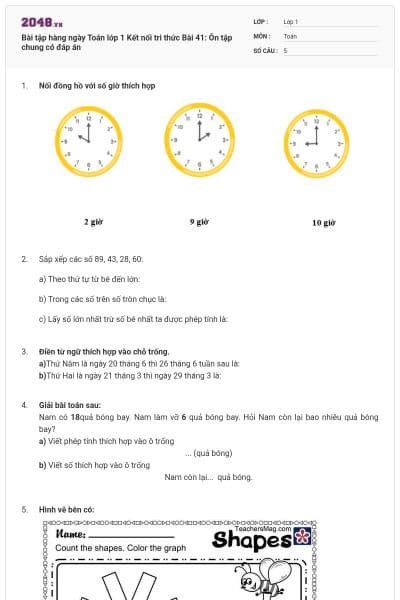 Bài tập hàng ngày Toán lớp 1 Kết nối tri thức Bài 41: Ôn tập chung có đáp án