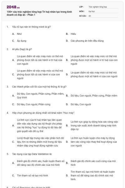 100+ câu trắc nghiệm tổng hợp Trí tuệ nhân tạo trong kinh doanh có đáp án - Phần 1