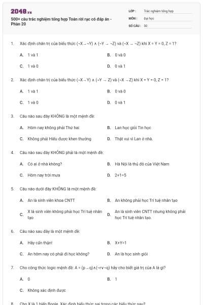 500+ câu trắc nghiệm tổng hợp Toán rời rạc có đáp án - Phần 20