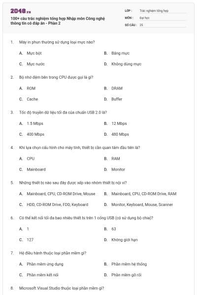 100+ câu trắc nghiệm tổng hợp Nhập môn Công nghệ thông tin có đáp án - Phần 2
