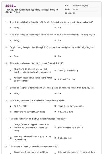 100+ câu trắc nghiệm tổng hợp Mạng và truyền thông có đáp án - Phần 4