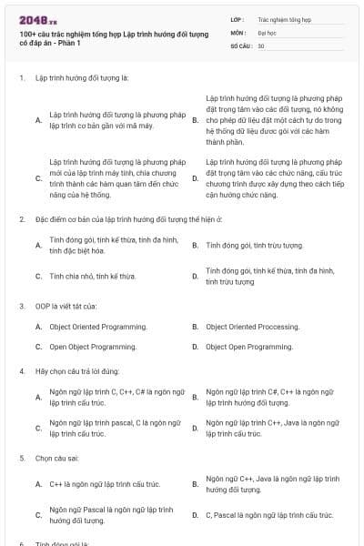 100+ câu trắc nghiệm tổng hợp Lập trình hướng đối tượng có đáp án - Phần 1