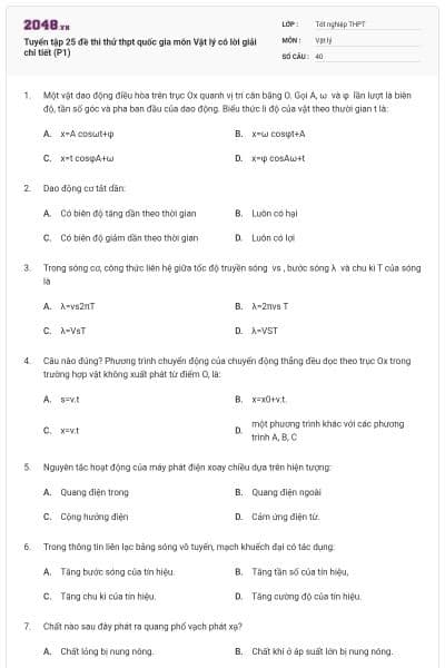 Tuyển tập 25 đề thi thử thpt quốc gia môn Vật lý có lời giải chi tiết (P1)