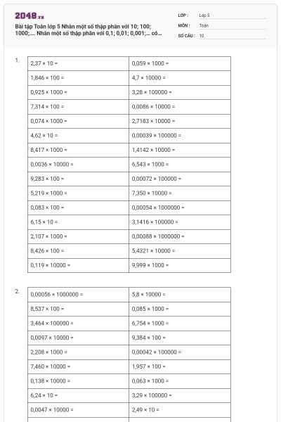 Bài tập Toán lớp 5 Nhân một số thập phân với 10; 100; 1000;….  Nhân một số thập phân với 0,1; 0,01; 0,001;… có đáp án