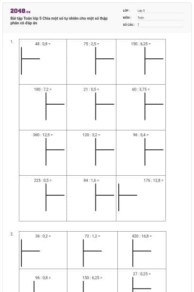 Bài tập Toán lớp 5 Chia một số tự nhiên cho một số thập phân có đáp án