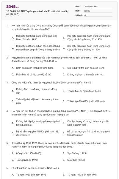 16 Đề thi thử THPT quốc gia môn Lịch Sử mới nhất có đáp án (Đề số 9)