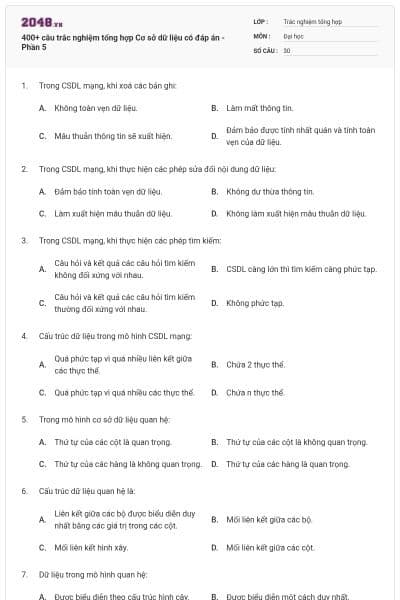 400+ câu trắc nghiệm tổng hợp Cơ sở dữ liệu có đáp án - Phần 5