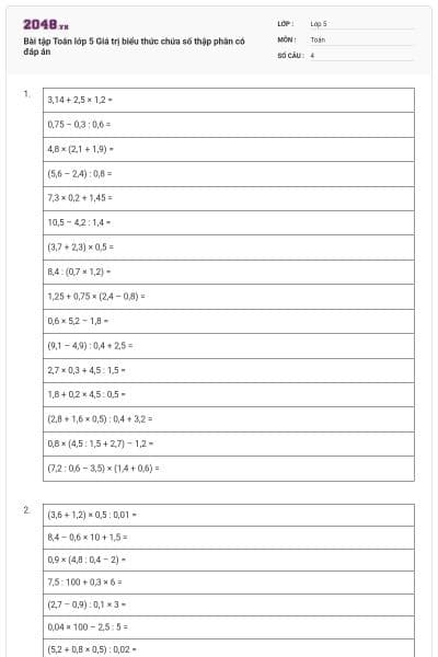 Bài tập Toán lớp 5 Giá trị biểu thức chứa số thập phân có đáp án