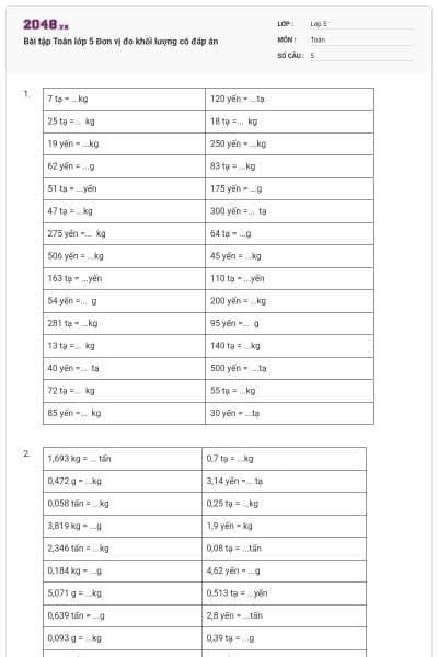 Bài tập Toán lớp 5 Đơn vị đo khối lượng có đáp án