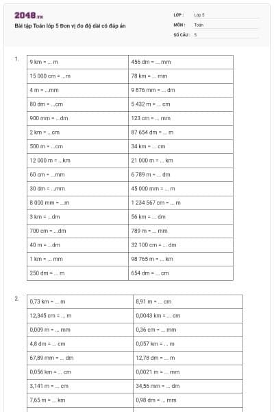 Bài tập Toán lớp 5 Đơn vị đo độ dài có đáp án