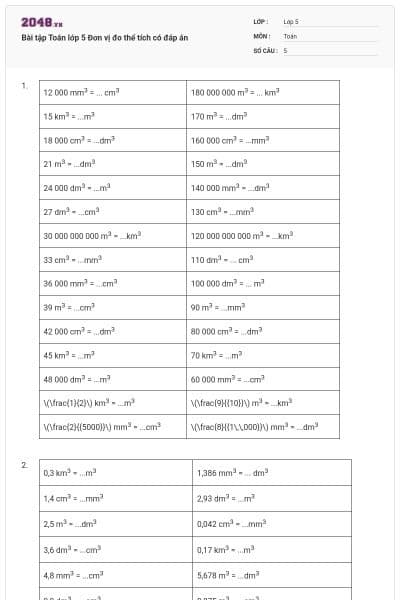 Bài tập Toán lớp 5 Đơn vị đo thể tích có đáp án