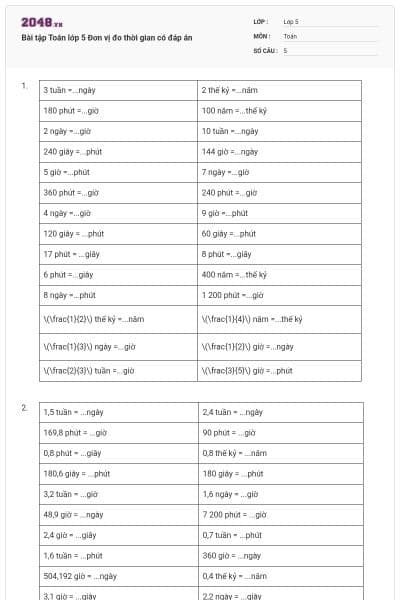 Bài tập Toán lớp 5 Đơn vị đo thời gian có đáp án