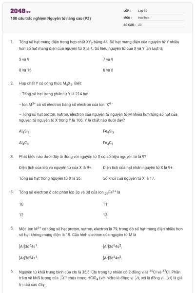 100 câu trắc nghiệm Nguyên tử nâng cao (P3)