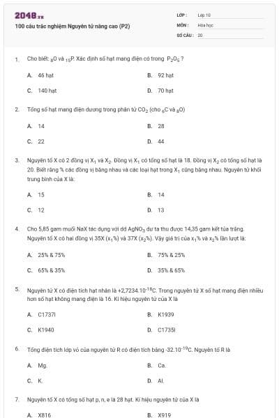 100 câu trắc nghiệm Nguyên tử nâng cao (P2)