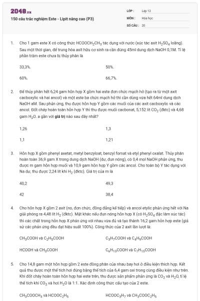 150 câu trắc nghiệm Este - Lipit nâng cao (P3)