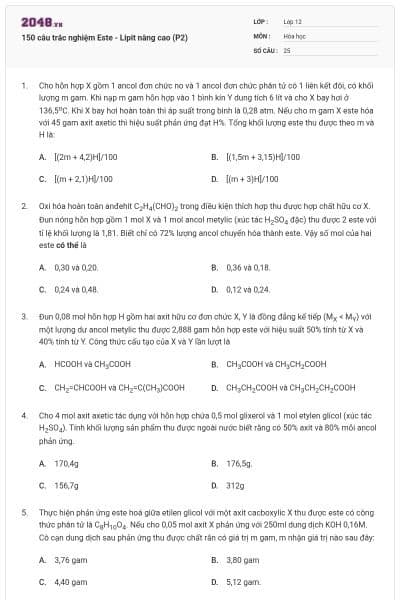 150 câu trắc nghiệm Este - Lipit nâng cao (P2)