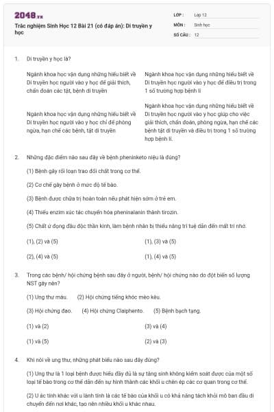 Trắc nghiệm Sinh Học 12 Bài 21 (có đáp án): Di truyền y học