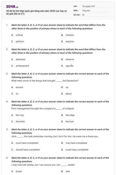 30 đề thi thử thpt quốc gia tiếng anh năm 2020 cực hay có lời giải (Đề số 27)