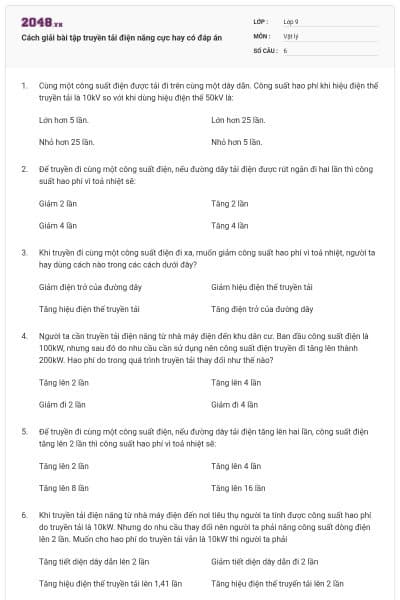 Cách giải bài tập truyền tải điện năng cực hay có đáp án