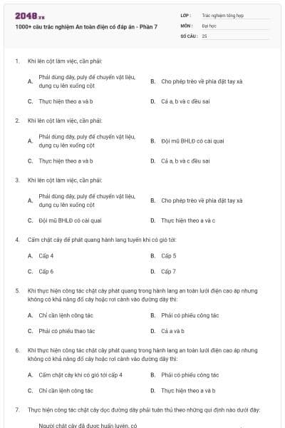 1000+ câu trắc nghiệm An toàn điện có đáp án - Phần 7