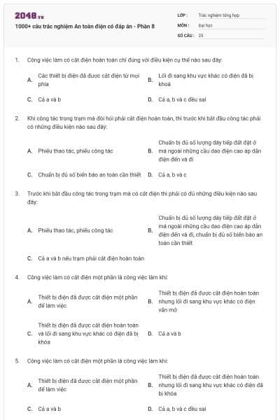 1000+ câu trắc nghiệm An toàn điện có đáp án - Phần 8