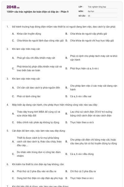 1000+ câu trắc nghiệm An toàn điện có đáp án - Phần 9