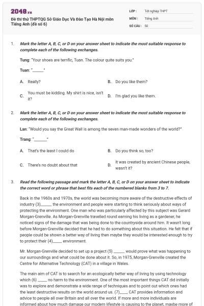 Đề thi thử THPTQG Sở Giáo Dục Và Đào Tạo Hà Nội môn Tiếng Anh (đề số 6)