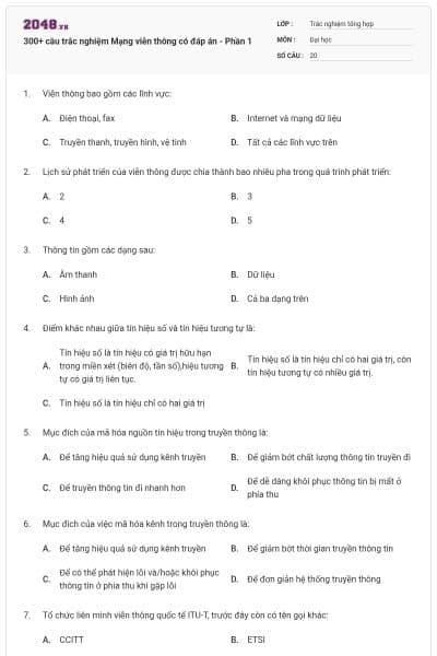 300+ câu trắc nghiệm Mạng viễn thông có đáp án - Phần 1