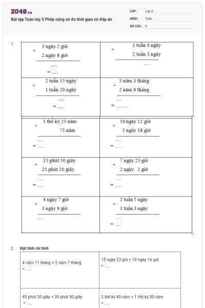 Bài tập Toán lớp 5 Phép cộng số đo thời gian có đáp án