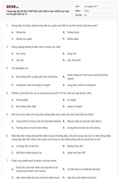 Tổng hợp đề thi thử THPTQG môn Vật lí năm 2020 cực hay có lời giải (Đề số 7)
