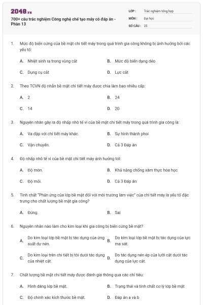 700+ câu trắc nghiệm Công nghệ chế tạo máy có đáp án - Phần 13