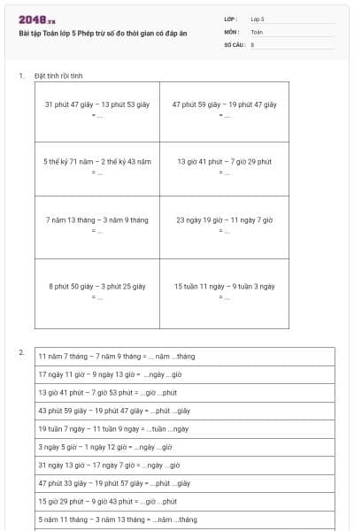 Bài tập Toán lớp 5 Phép trừ số đo thời gian có đáp án