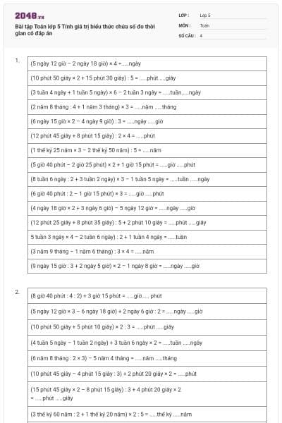 Bài tập Toán lớp 5 Tính giá trị biểu thức chứa số đo thời gian có đáp án