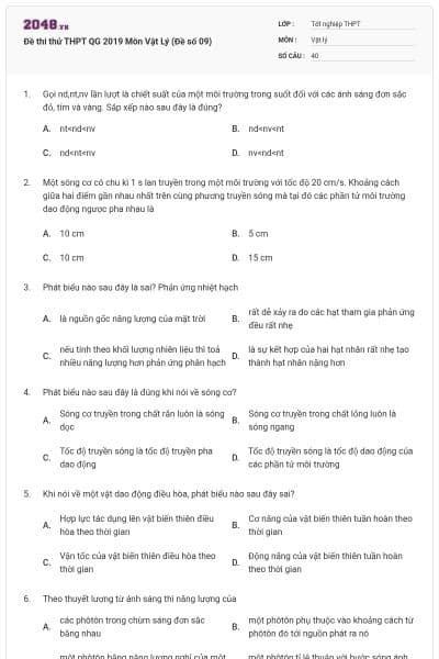 Đề thi thử THPT QG 2019 Môn Vật Lý (Đề số 09)