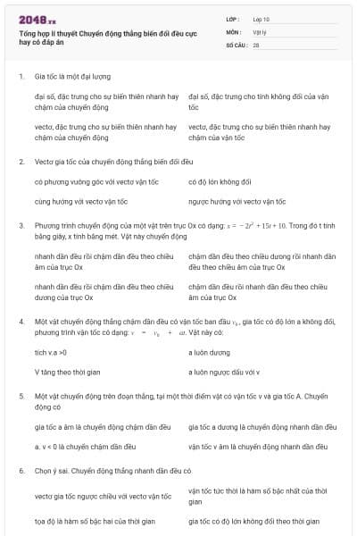 Tổng hợp lí thuyết Chuyển động thẳng biến đổi đều cực hay có đáp án