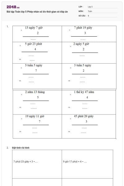 Bài tập Toán lớp 5 Phép nhân số đo thời gian có đáp án