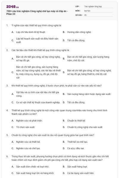 700+ câu trắc nghiệm Công nghệ chế tạo máy có đáp án - Phần 23