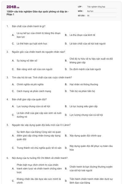 1000+ câu trắc nghiệm Giáo dục quốc phòng có đáp án - Phần 1