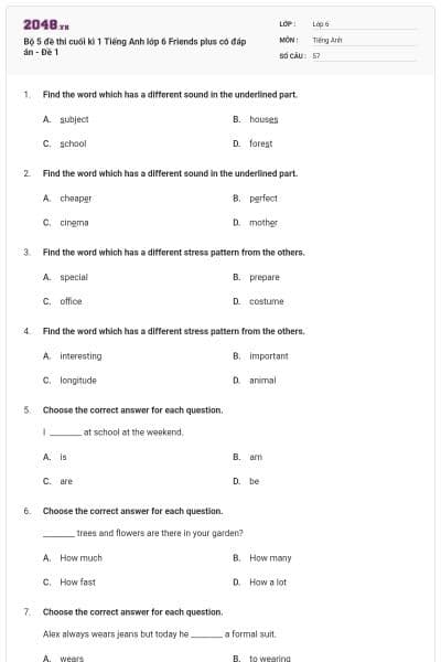 Bộ 5 đề thi cuối kì 1 Tiếng Anh lớp 6 Friends plus có đáp án - Đề 1