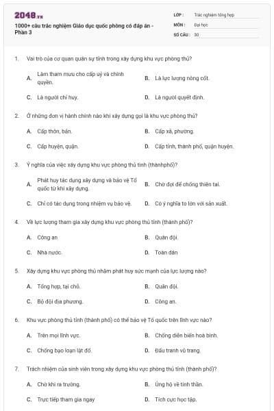 1000+ câu trắc nghiệm Giáo dục quốc phòng có đáp án - Phần 3