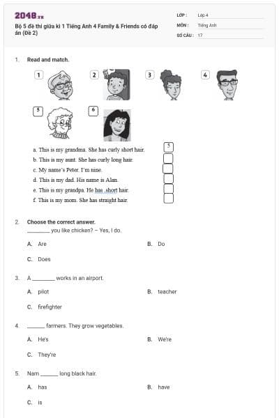 Bộ 5 đề thi giữa kì 1 Tiếng Anh 4 Family & Friends có đáp án (Đề 2)