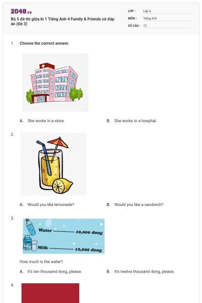 Bộ 5 đề thi giữa kì 1 Tiếng Anh 4 Family & Friends có đáp án (Đề 3)