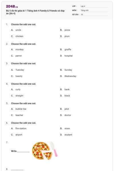 Bộ 5 đề thi giữa kì 1 Tiếng Anh 4 Family & Friends có đáp án (Đề 4)