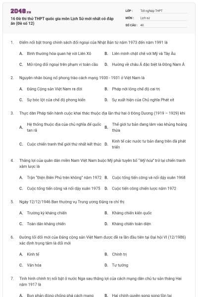 16 Đề thi thử THPT quốc gia môn Lịch Sử mới nhất có đáp án (Đề số 12)