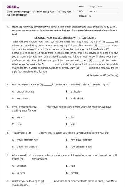 Đề thi thử tốt nghiệp THPT môn Tiếng Anh - THPT Kỳ Anh - Hà Tĩnh có đáp án