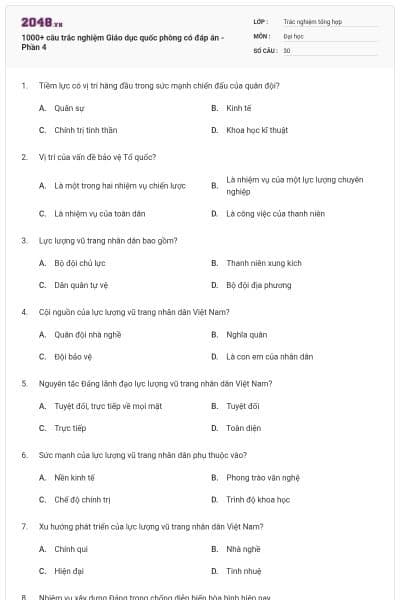 1000+ câu trắc nghiệm Giáo dục quốc phòng có đáp án - Phần 4