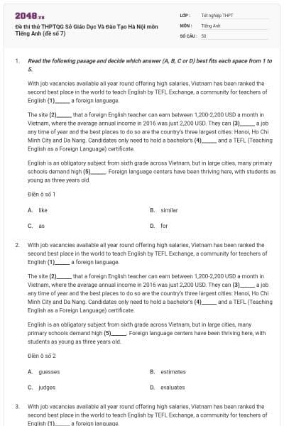 Đề thi thử THPTQG Sở Giáo Dục Và Đào Tạo Hà Nội môn Tiếng Anh (đề số 7)