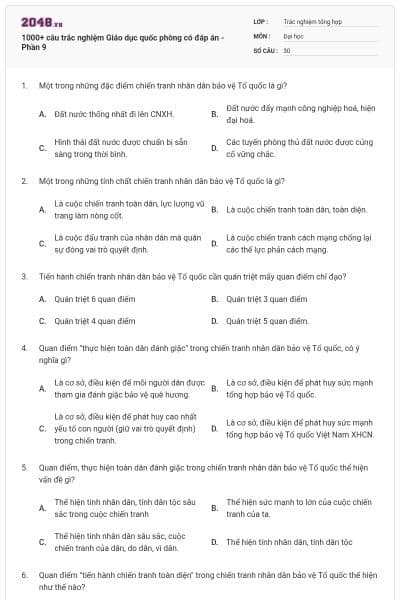 1000+ câu trắc nghiệm Giáo dục quốc phòng có đáp án - Phần 9