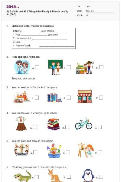 Bộ 5 đề thi cuối kì 1 Tiếng Anh 4 Family & Friends có đáp án (Đề 3)